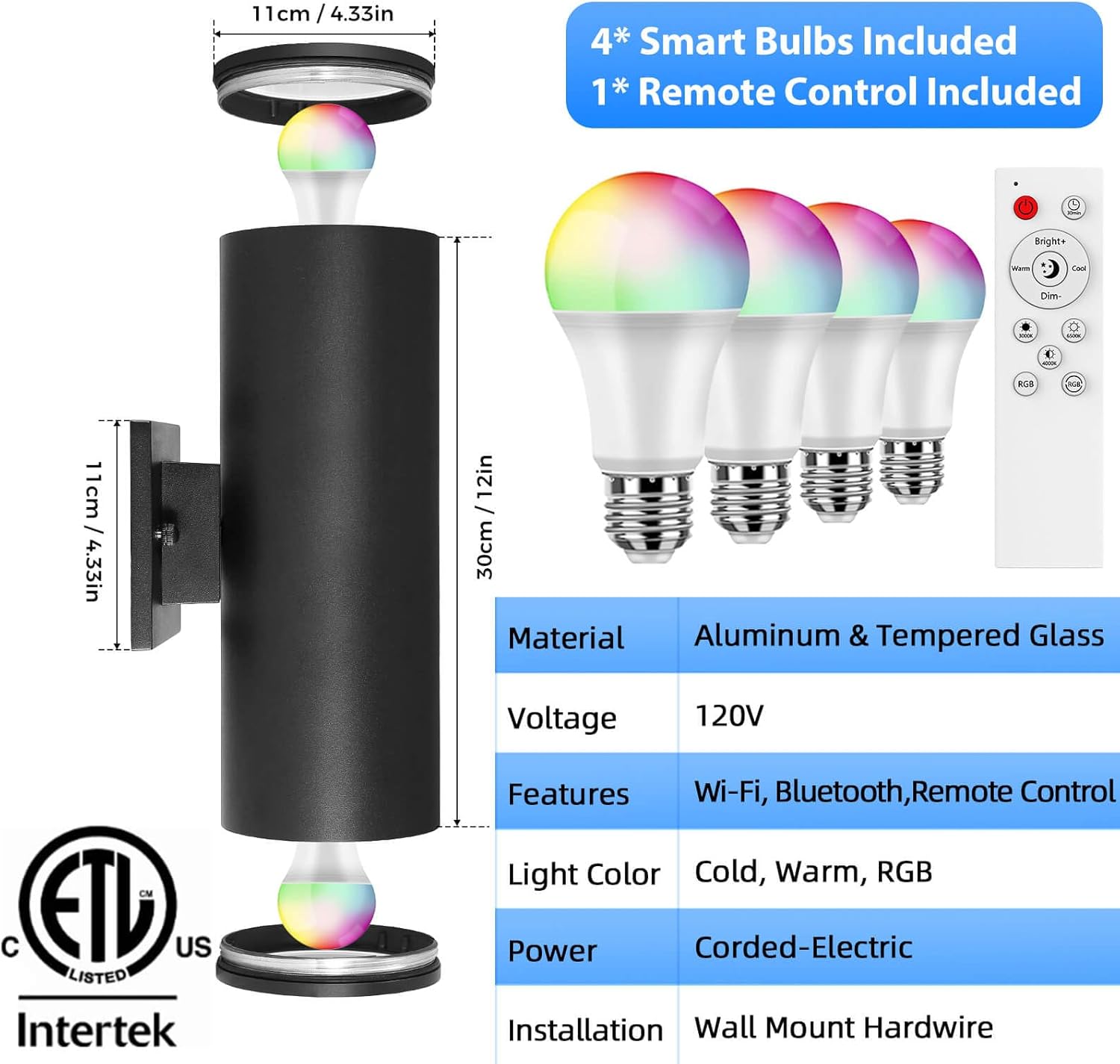 SHIMR Color Changing Outdoor Lights 2 Pack, RGB 2700K-6500K Smart Porch Lights with Remote, Cylinder Exterior Lighting Fixtures Aluminum Anti-Rust, Up and Down Lighting for House [ETL Listed]