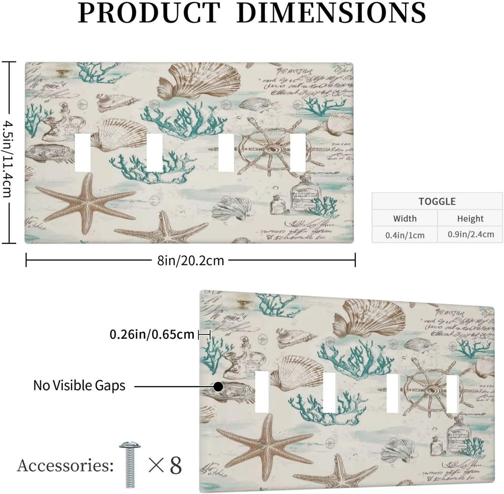 Mid Century Seashells Starfish Compass Light Switch Covers Quad Toggle Electrical Faceplate 4 Gang Wall Plate Decorative Switch Plates For Nursery Kids Room Decor