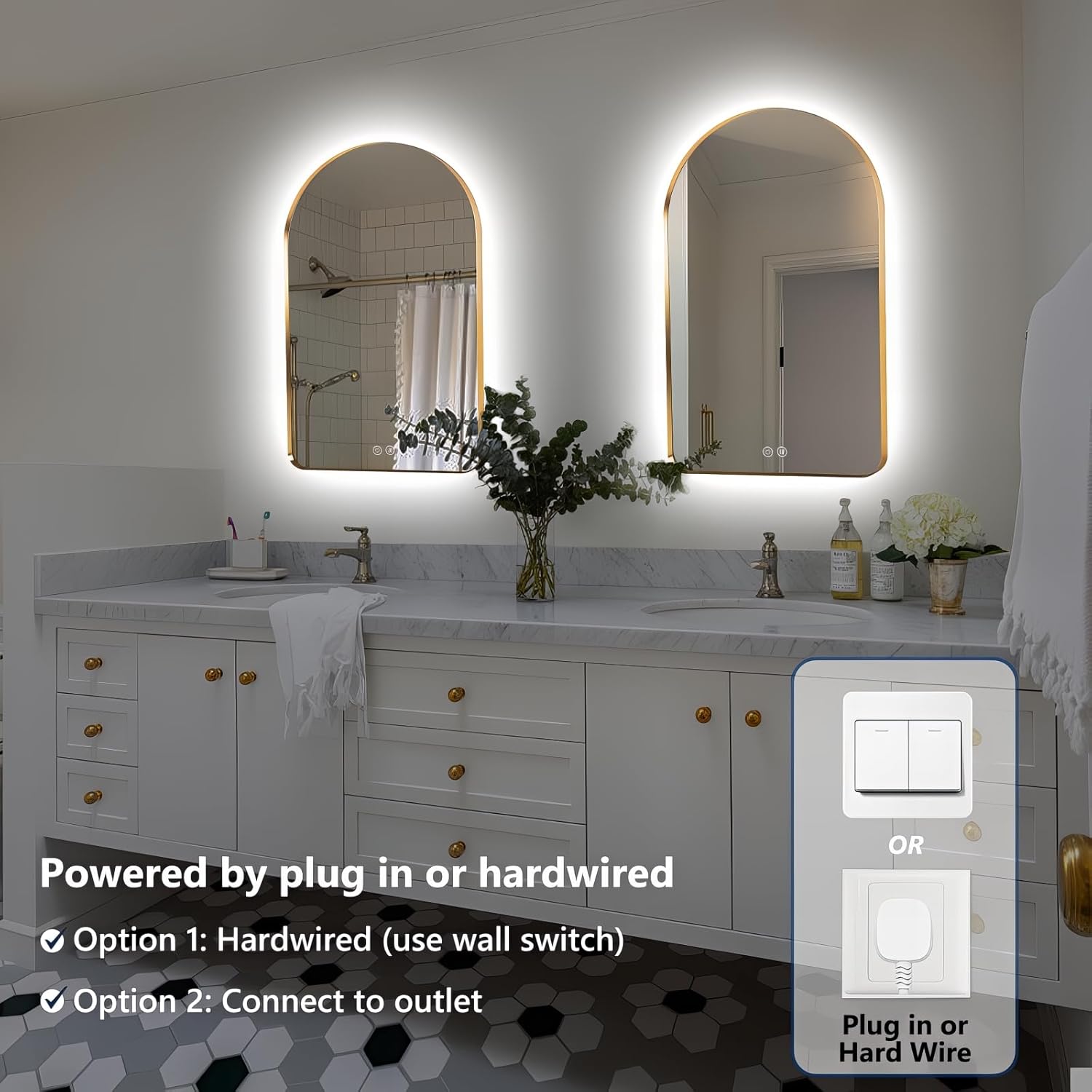 Niccy Arched LED Lighted Bathroom Mirror, 32x20 Inch Backlit Vanity Mirror with Lights Brushed Gold Framed Wall Mounted Mirrors with Dimmable 3 Color Shatterproof Arch Smart Fog Free Mirror
