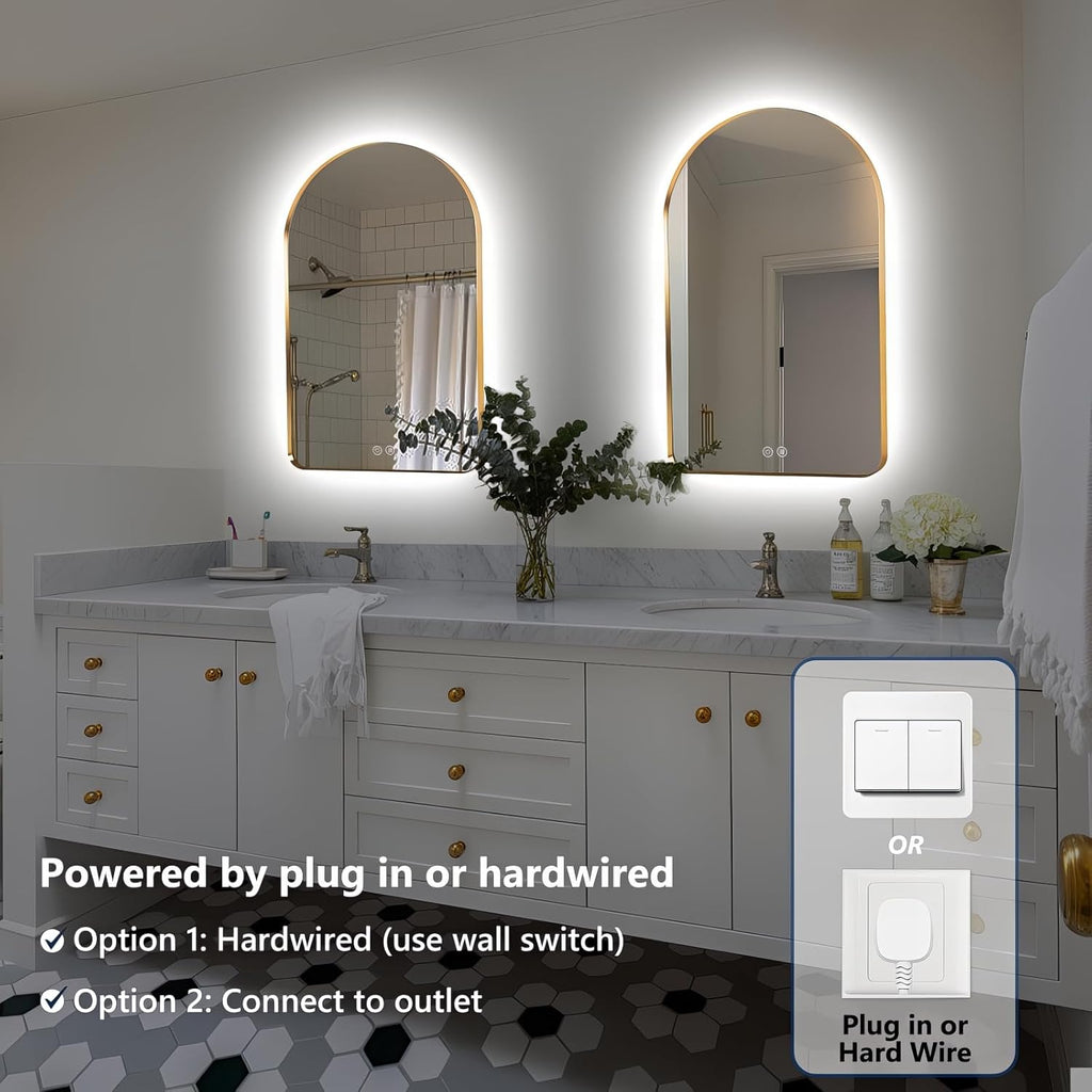 Niccy Arched LED Lighted Bathroom Mirror, 36x24 Inch Backlit Vanity Bathroom Mirror with Lights Brushed Gold Framed Wall Mounted Mirrors with 3 Color Shatterproof Arch Smart Fog Free Mirror