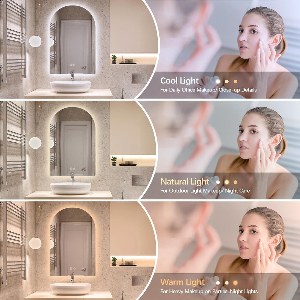 Niccy Arched LED Bathroom Mirror, 48x24 Inch Arch Frameless Backlit Mirrors for Wall Arched Lighted Vanity Mirrors Defogger and 3 Color, Explosion-Proof, HD Glass and IP65 Waterproof