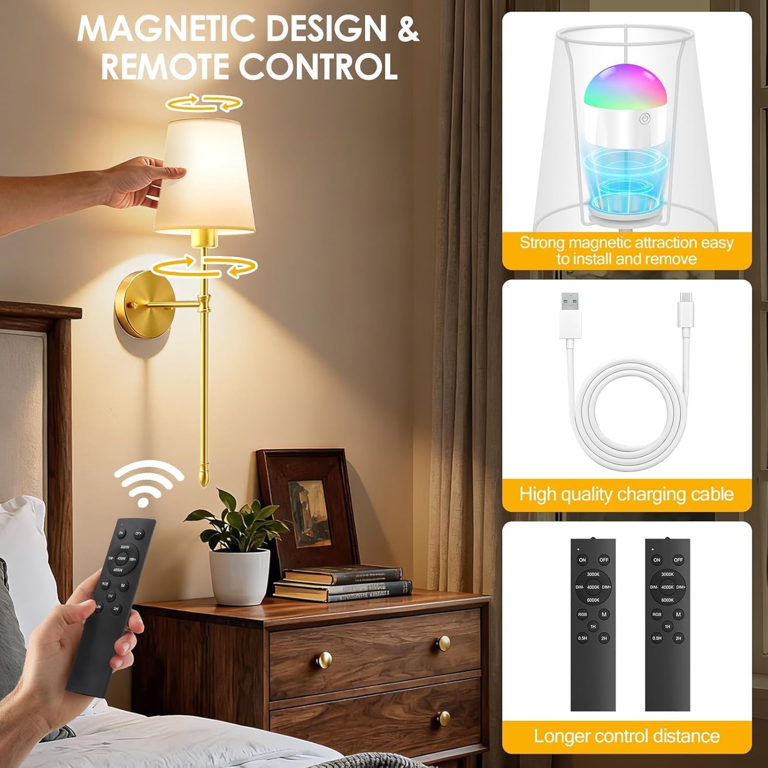 OCATO Battery Operated Wall Sconce: 10000mAh Wireless Wall Sconces Set of Two Rechargeable Lamp Dimmable Magnetic Lights with 7 RGB Colors and Remote Home Decor Walls Decor for Bedroom Living Room