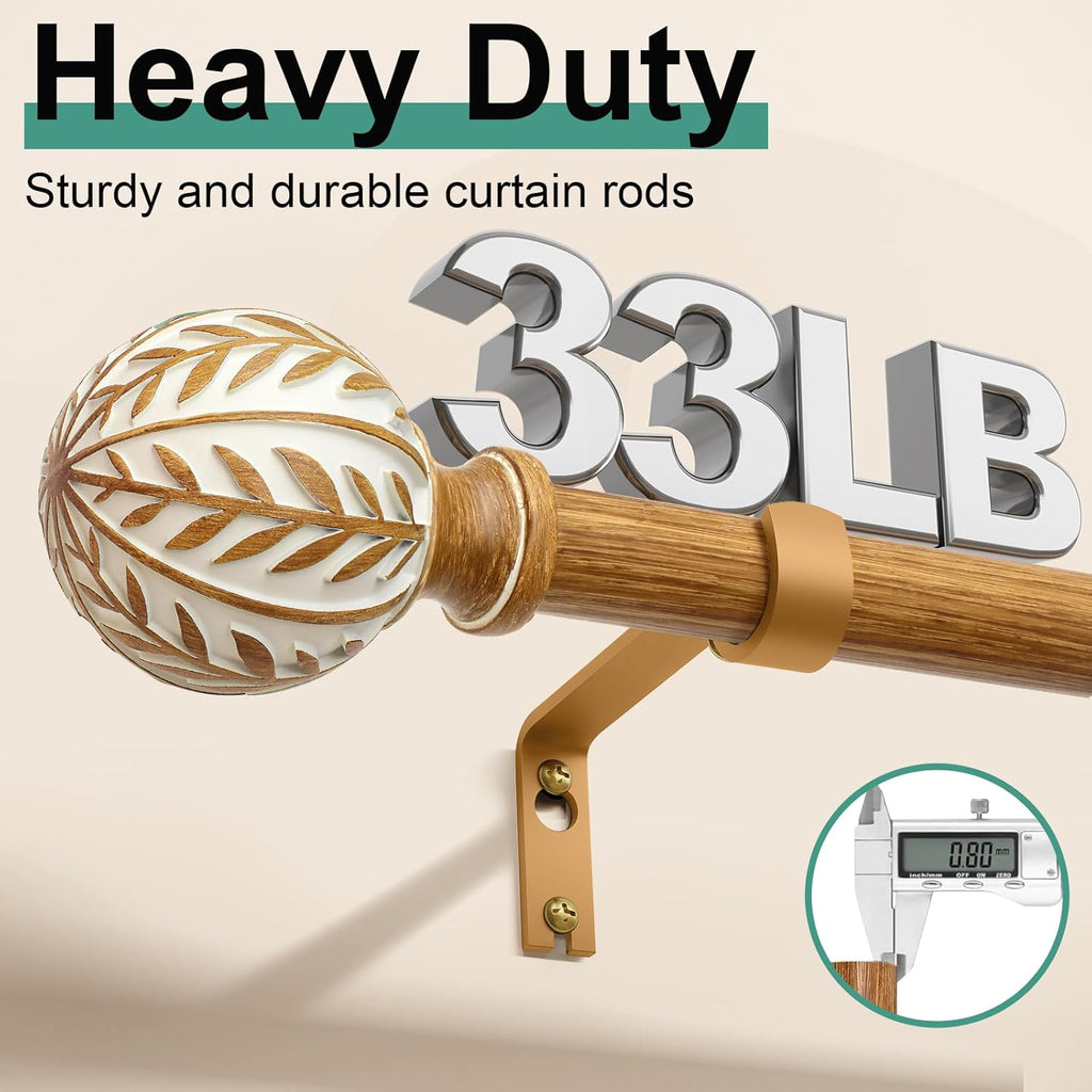 2 Pack Boho Wood Curtain Rods for Windows 28 to 48 inch,1" Adjustable Heavy Duty Window Curtain Rod with Imitation Wood Grain Finials,Rustic Decorative Drapery Rods Set 18-60'',Maple Wood
