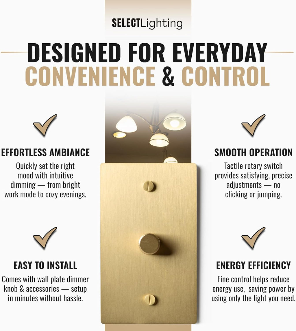 1-Gang Satin Solid Brass Rotary Dimmer Switch, 15A 120V AC Wall Mount, TRIAC/Leading Edge 1-Way Compatible, Dimmable LED Light Control with Knob, Faceplate & Dimming Module