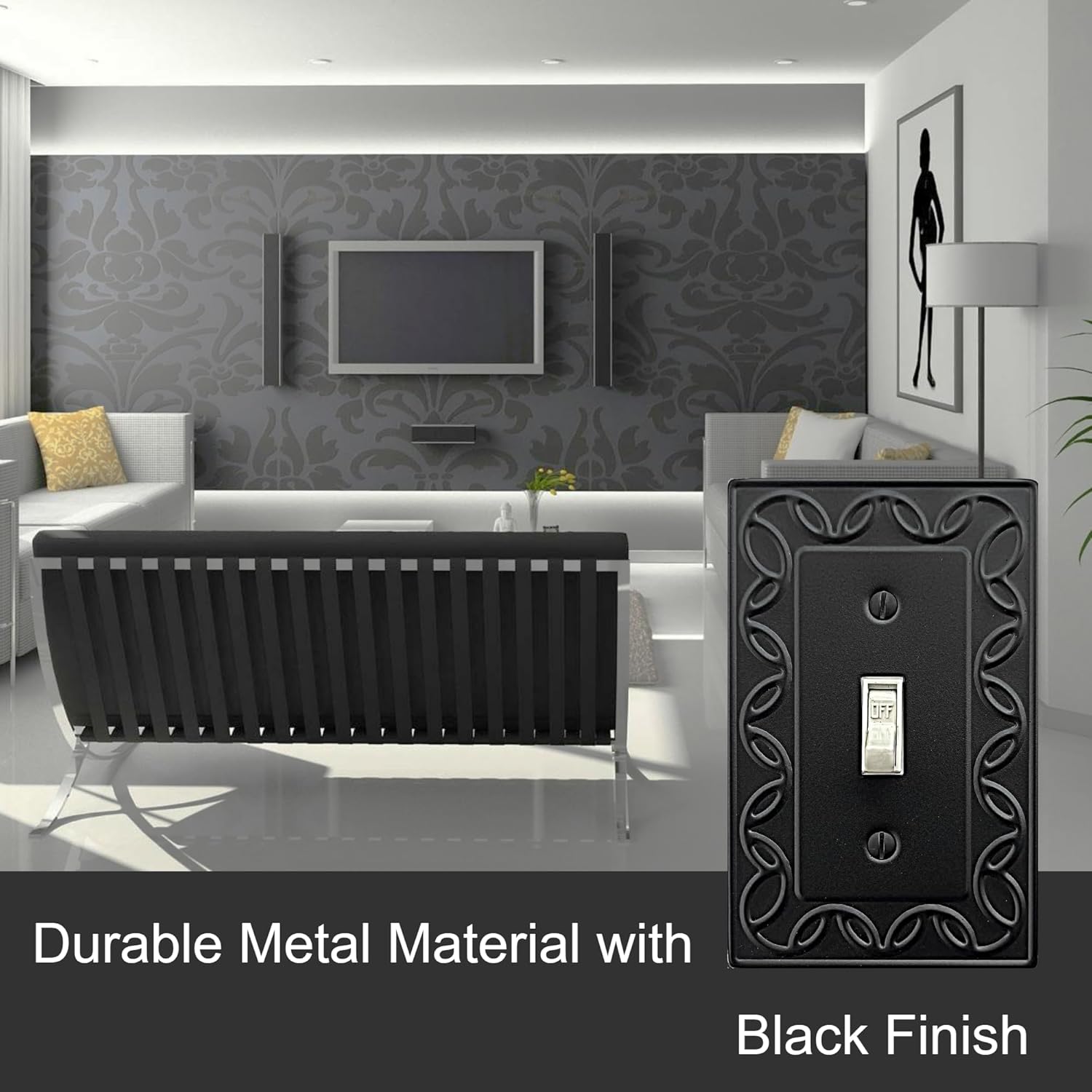 Single Duplex Outlet Cover Plate, 4-Pack Black NovaBloom Metal Wall Plate 1 Gang, Light Switch Cover, for Receptacle Light Switch, Switch Cover Decorative Wallplate, Durable