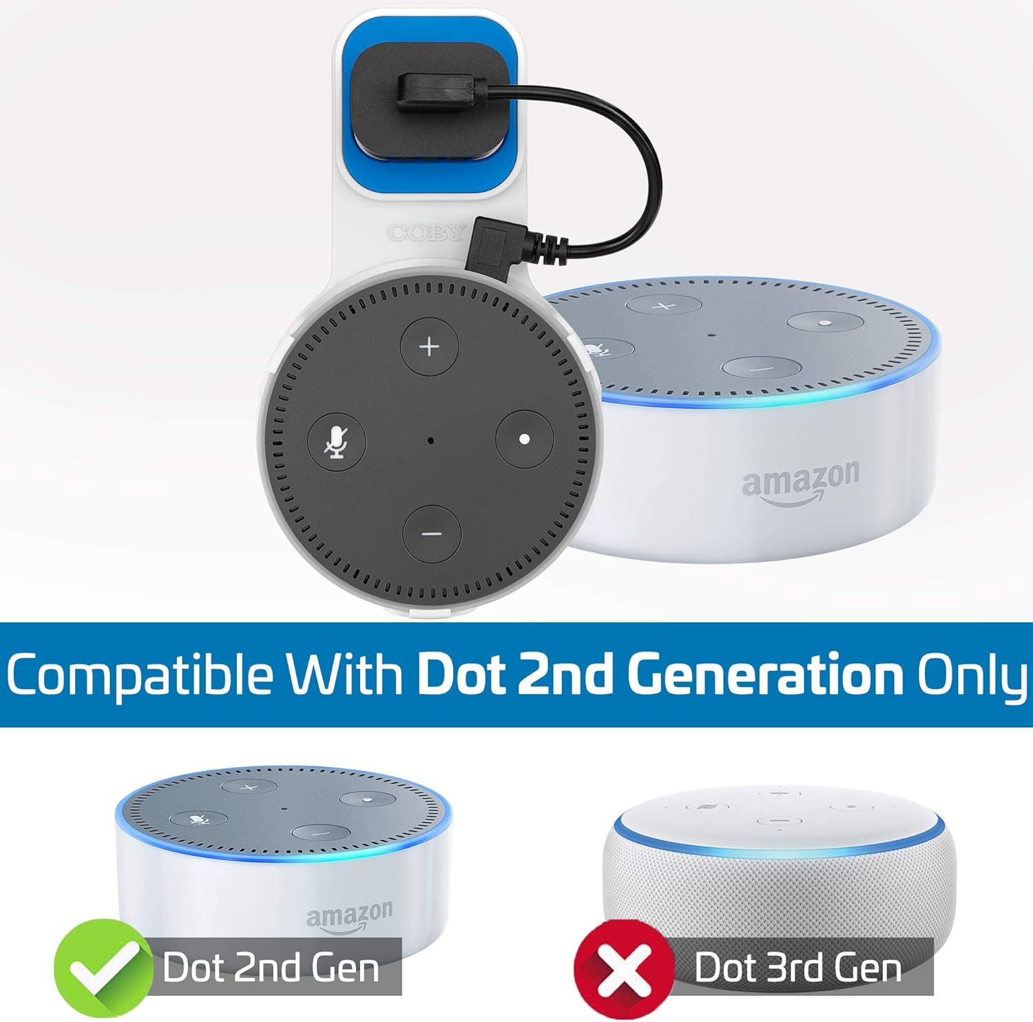 Coby Wall Mount for Echo Dot 2nd Generation, Smart Speaker Holder with Built-in Cable Management, 7.75" USB Charging Cable, Space-Saving Alexa Mount for Kitchen, Bedroom, Office, Bathroom