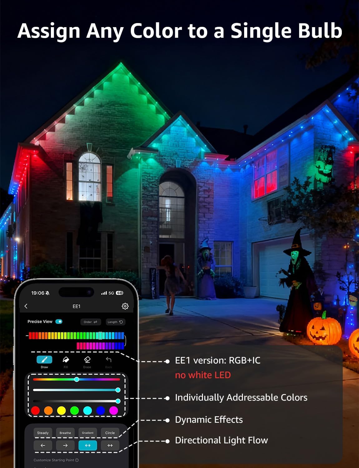 Lepro EE1 AI Permanent Outdoor Lights with Dual-Output, 200ft 120 LED RGB+IC Smart Outside Light for House Christmas Decor,Alexa Google Enabled 2.4 GHz WiFi/Bluetooth, APP Control No Remote Controller