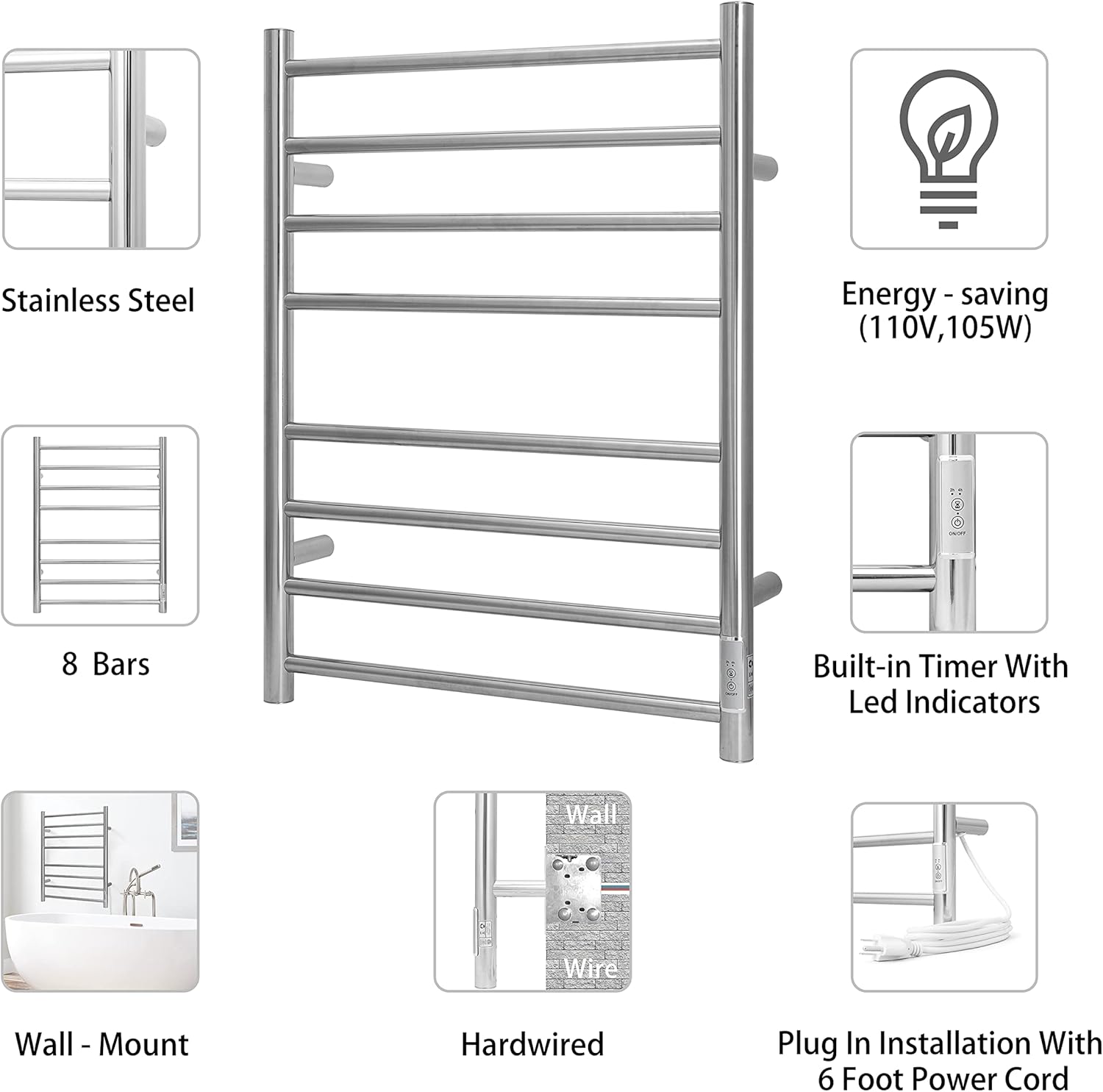 KEG Towel Warmer Wall Mounted with Built-in Timer 8 Bars Electric Stainless Steel Heated Towel Racks for Bathroom, Hot Plug-in Bath Towel Heater Brushed Nickel (TW-8-BN)