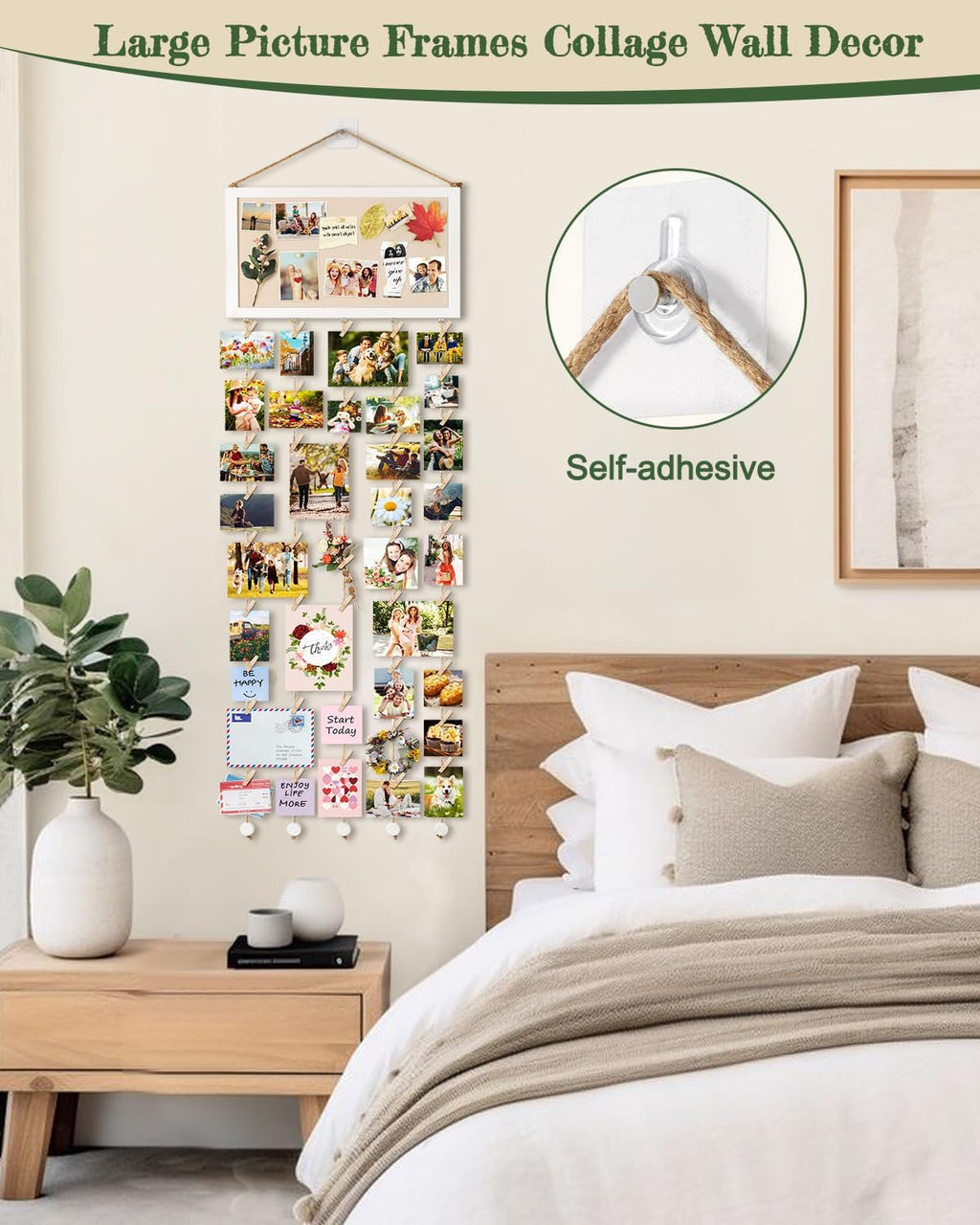 Bikoney Large Collage Picture Frame with Bulletin Board, Hanging Photo Display for Multiple Pictures, Wall Photo Organizer with 30 Clips & 6 Pushpins, Self Adhesive Hooks – No Drill Wood Photo Board for Room Decor