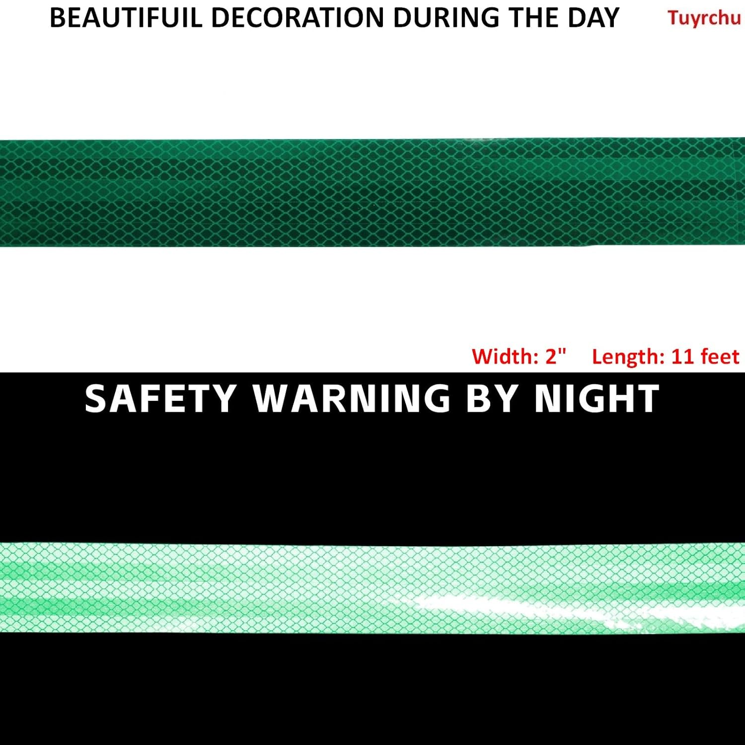 Non Fading Green Reflective Tape Outdoor Waterproof 2 inch, High Visibility Warning Industrial Marking Tape, Safety Stickers (11 feet)