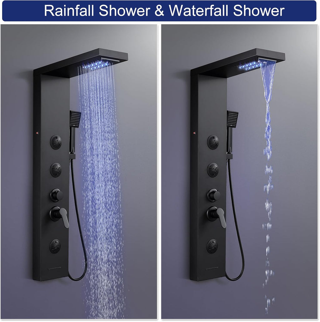 ROVATE LED Shower Panel Tower System with Rainfall Waterfall Shower, Matte Black Shower Panel with Jets and Rainfall and Handheld, 5 in 1 Stainless Steel Shower Tower High Pressure with Tub Spout