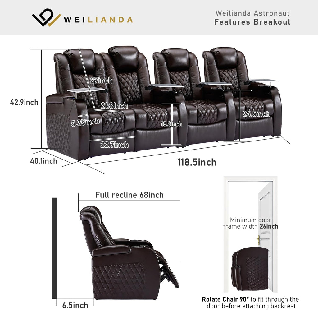 Weilianda Home Theater Seating Top Grain Leather Zero Gravity Recliner Chair Power Headrest Recline Movie Seat Gaming 7 Colors Mood Light Sofa with Tray Table USB Charge Row of 4 Loveseat Left Brown