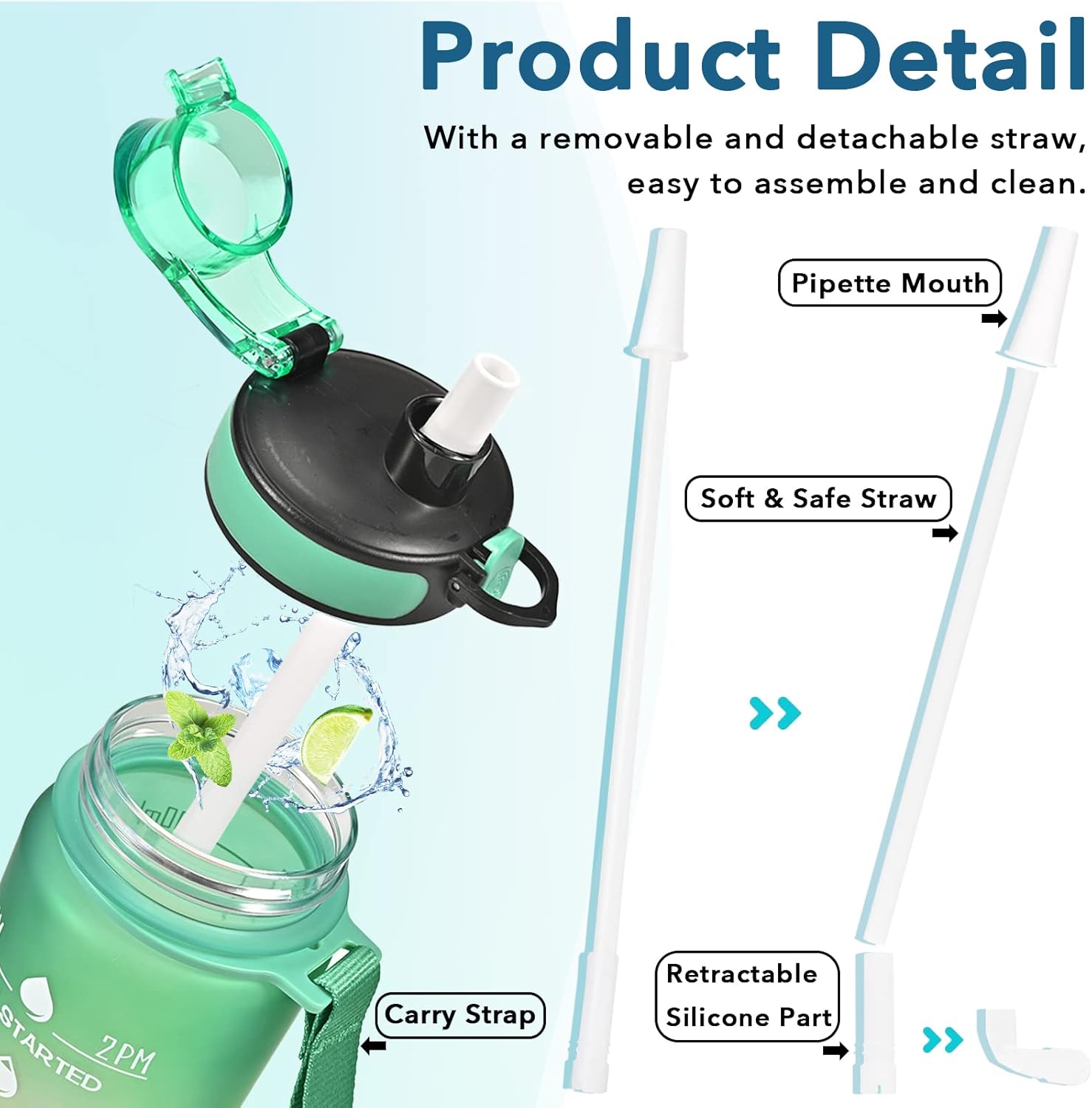 Enerbone Water Bottle, Leakproof BPA & Toxic Free, Motivational Water Bottle with Times to Drink and Straw, Fitness Sports Water Bottle with Strap for Office, Gym, Outdoor Sports