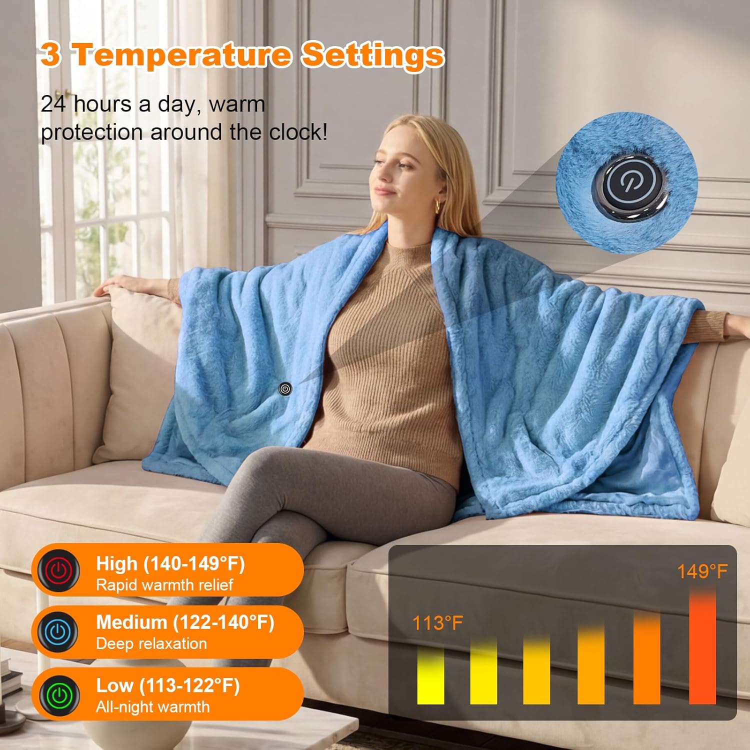 Cordless Heated Blanket Battery Operated with Fleece Lining 7.4V 16000mAh Battery Portable Wearable Heated Shawl for Women Men 6 Heating Zones 3 Fast-Heating Levels (Battery Included)