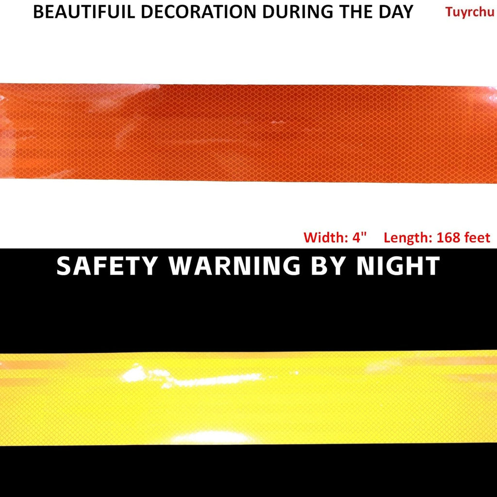 Non Fading Orange Reflective Tape Outdoor Waterproof 4 inch Wide, High Visibility Industrial Marking Tape, Safety Adhesive Stickers (168 feet)