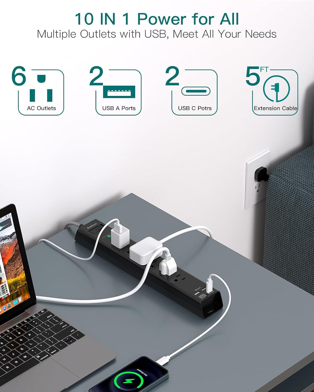 Surge Protector Power Strip - Extension Cord with Addtam 6 AC Outlets 4 USB (2 USB-C Ports), 1875W/15A, Flat Plug with Overload Surge Protection, Outlet Extender for Home Office Dorm Room Essentials