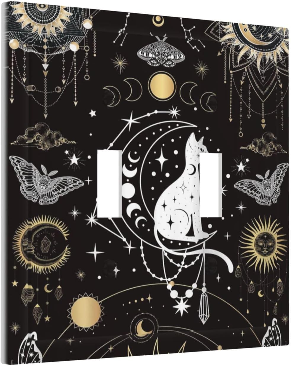 White Cat Tarot Moon Phases Moth Celestial Gothic Decorative Switch Plates 2 Gang Double Toggle Outlet Light Switch Cover Wall Plate Electrical Faceplate for Kids Room Bedroom Decor