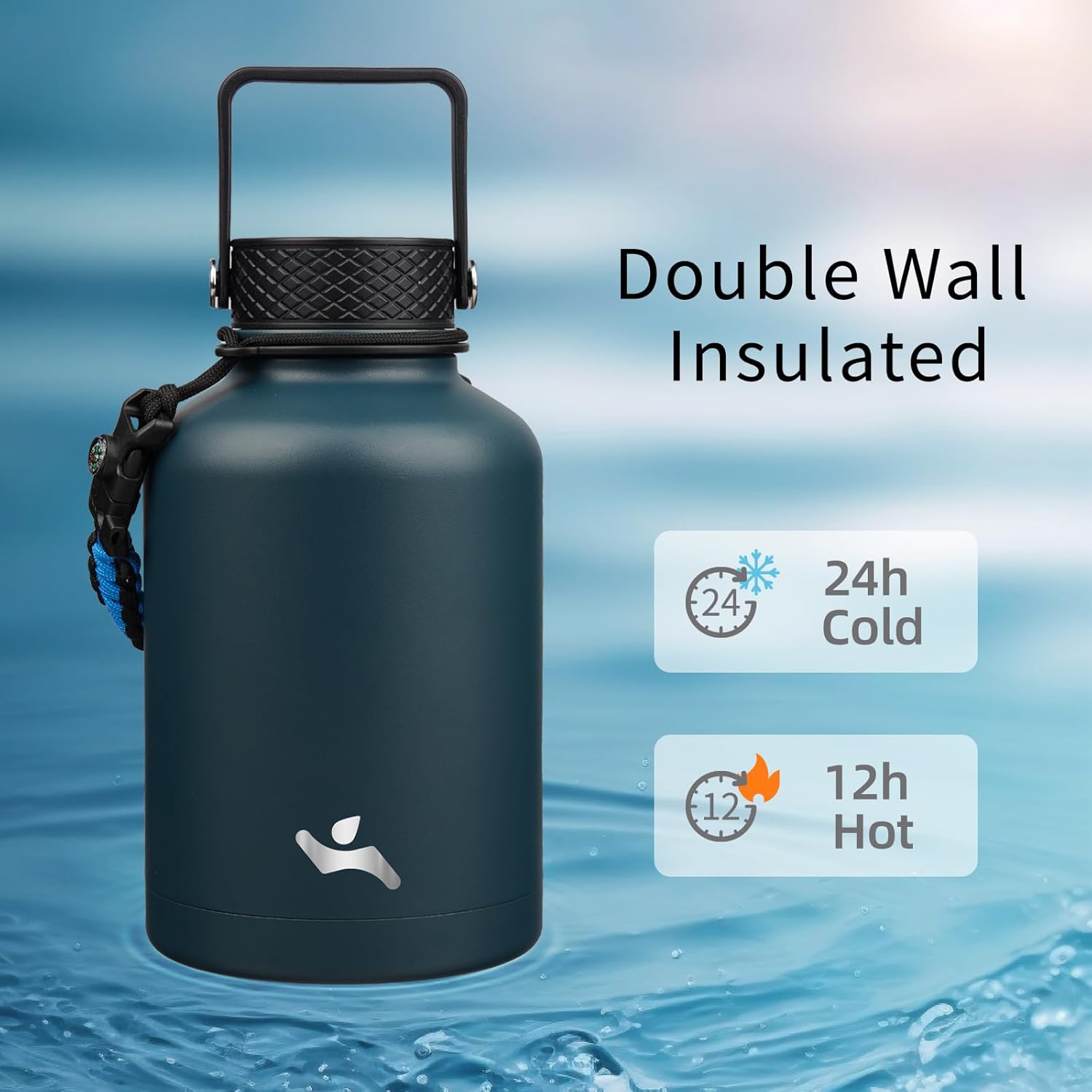 Insulated Water Bottle with Straw,50 oz 3 Lids Water Jug with Carrying Bag,Paracord Handle,Double Wall Vacuum Stainless Steel Metal Flask,Navy Blue