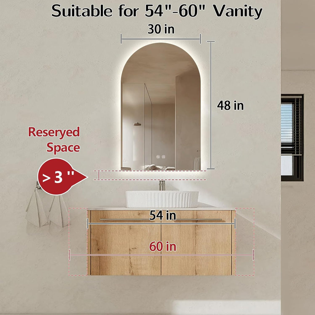 Niccy Arched LED Bathroom Mirror, 48x30 Inch Arch Frameless Backlit Mirrors for Wall Arched Lighted Vanity Mirrors Defogger and 3 Color, Explosion-Proof, HD Glass and IP65 Waterproof