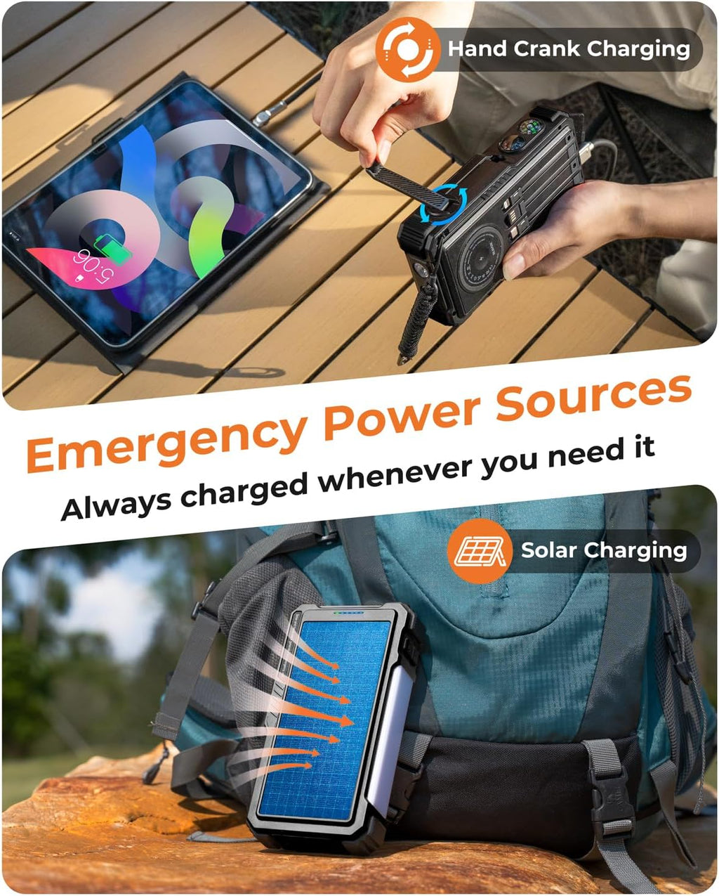 BLAVOR Solar Power Bank with Hand Crank and 4 Cables, 20000mAh Wireless Portable Charger with USB C & Camping Light, 20W Fast Charging Battery Pack for iPhone, iPad, Samsung, All Mobile Phones
