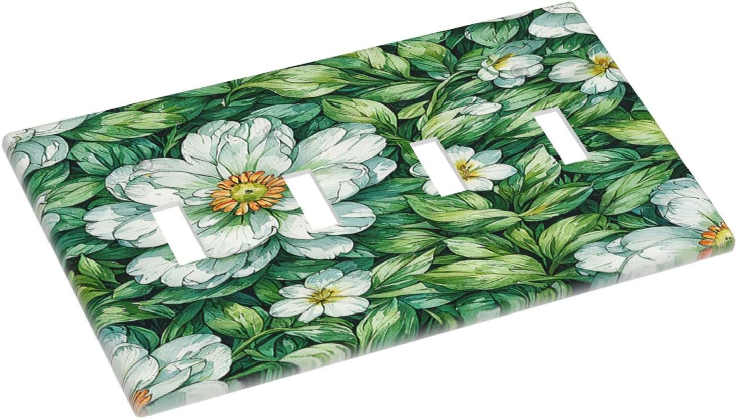 Vintage Floral White Flowers Green Plants Leaves Light Switch Covers Quad Toggle 4 Gang Wall Plate Decorative Switch Plates Electrical Faceplate for Bedroom Bathroom Decor