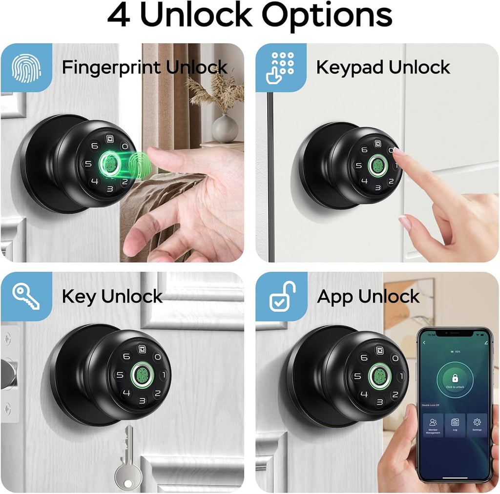 GeekTale Fingerprint Door Lock for Bedrooms, Fingerprint Door Knob with Lock, Smart Door Lock, App Control, Back-up Keys, Thumbprint Door Knob for Bedrooms, Office, Apartment