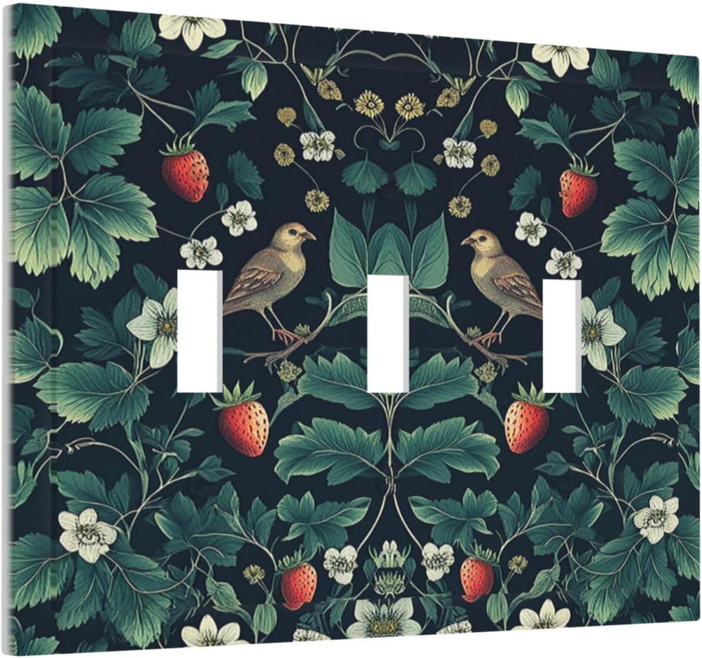 Decorative Switch Plates Strawberry Birds Flowers Plant Morris Floral 3 Gang Wall Plate Triple Toggle Light Switch Cover Faceplate Electrical Wall Panels for Bedroom Farmhouse Decor