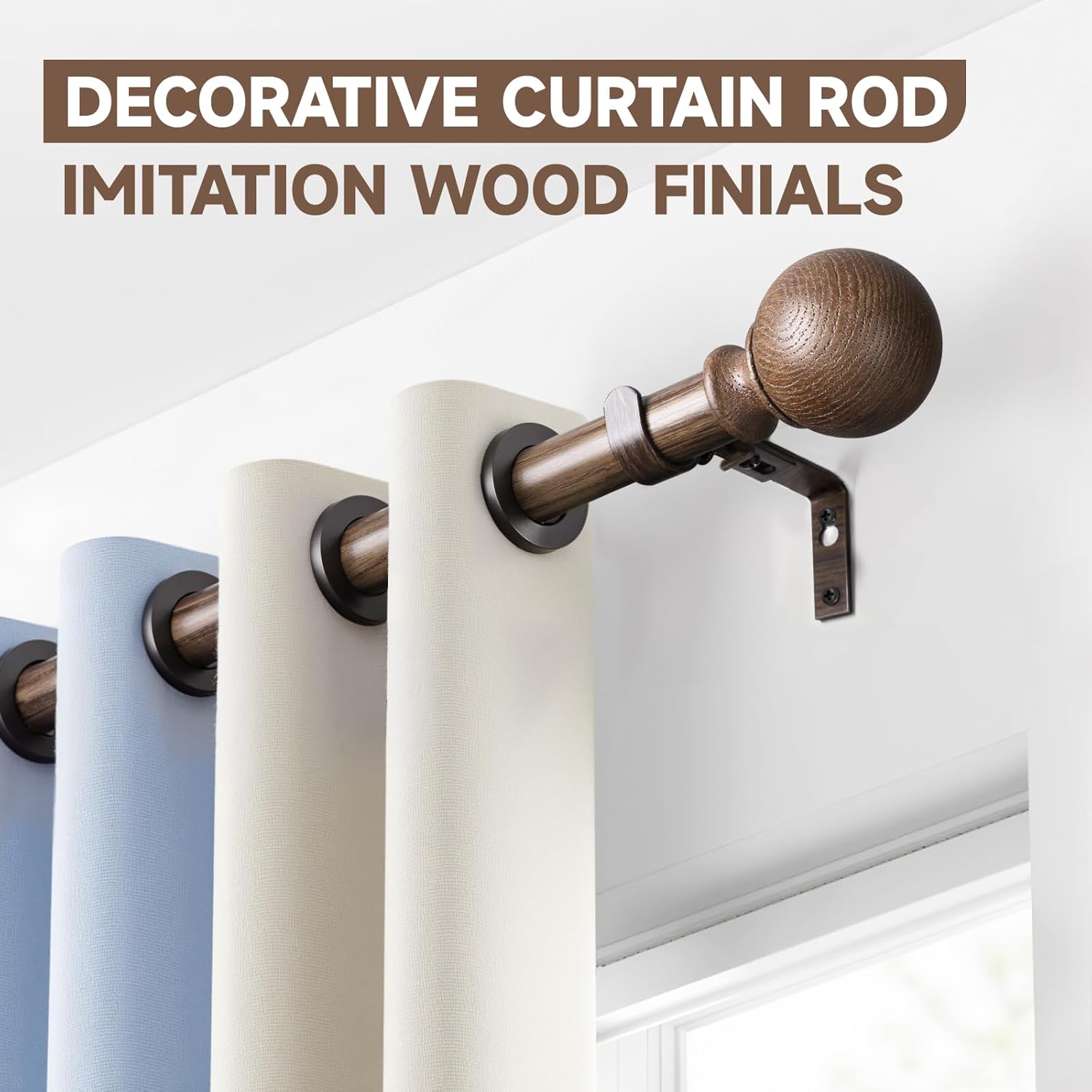BRIOFOX Walnut Wood Curtain Rods for Windows 72 to 144 Inch(6-12ft) - 1'' Diameter Heavy Duty Curtain Rods with Imitation Wood Grain Pattern Finials,Adjustable Decorative Curtain Rods Set,28-144''