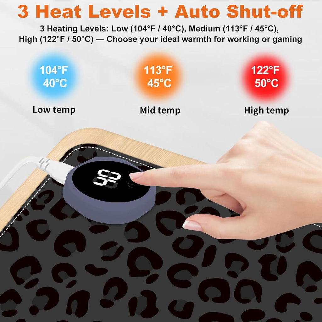 Small Heated Desk Pad 23.6" x 14.2" – Compact Electric Mouse Pad with 3 Heating Levels, Auto Shut-Off, Waterproof PU Surface, Plug-in Warmer for Office or Home Use, Dark Leopard Print
