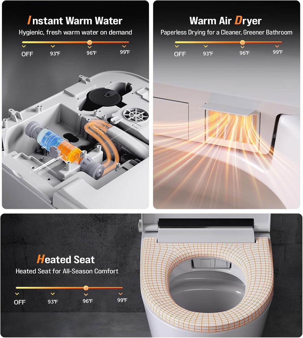 Smart Toilet with Built-In Bidet, Heated Seat & Dual Auto Flush, Foot Sensor, Tankless One-Piece Electric Toilet with Warm Water Wash, Air Dryer, LED Display & 1000g Powerful Flush, 1.28GPF