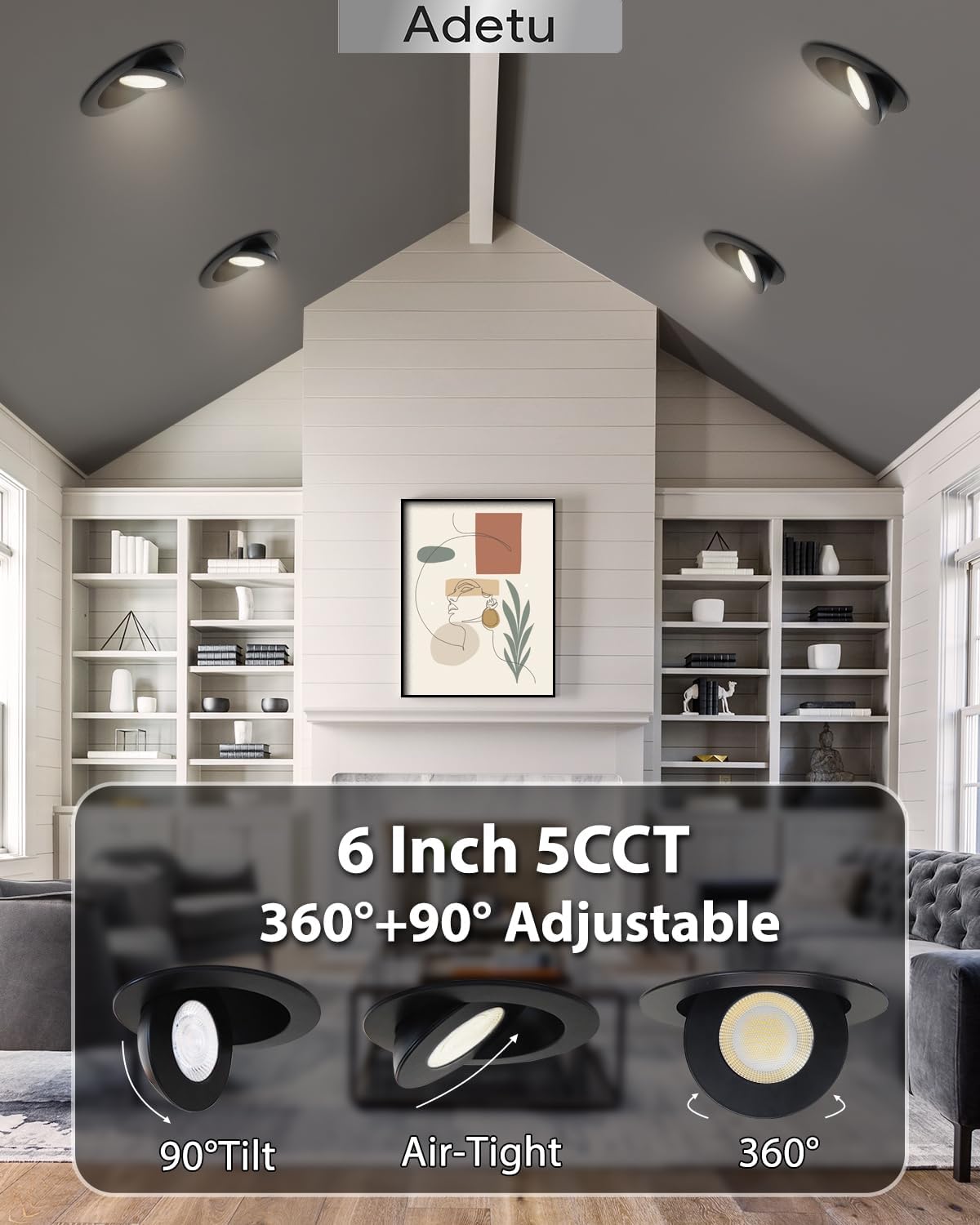 Adetu Recessed Lighting 6 inch, 360°+90° Adjustable Directional 6 inch 5CCT Gimbal Black Led Recessed Light, 2700K-5000K Dimmable Retrofit Eyeball Can Recessed Lights with Jbox, ET (Black,1 Pack)
