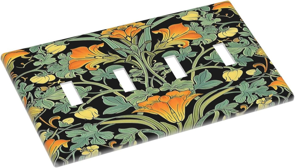 Light Switch Covers William Morris Vintage Floral Green Yellow Quad Toggle Electrical Faceplate 4 Gang Wall Plate Decorative Switch Plates for Bedroom Home Decor