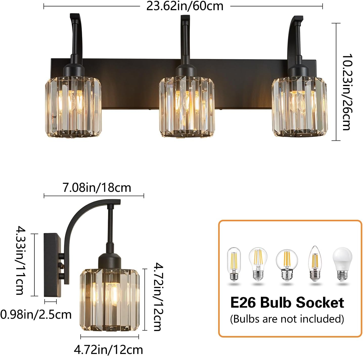 3-Light Crystal Vanity Light, Modern Black Bathroom Wall Sconce with K9 Crystal Shades, 23.62" Long Over Mirror Lighting for Vanity, Makeup, Hallway, Elegant & Durable