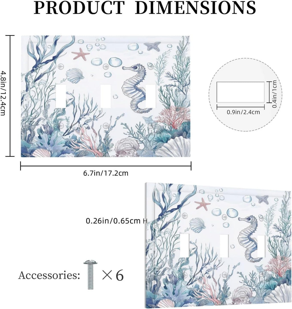 Decorative Switch Plates Ocean Coral Seahorse Seashell Starfish 3 Gang Wall Plate Triple Toggle Light Switch Cover Faceplate Electrical Wall Panels For Bathroom Home Decor