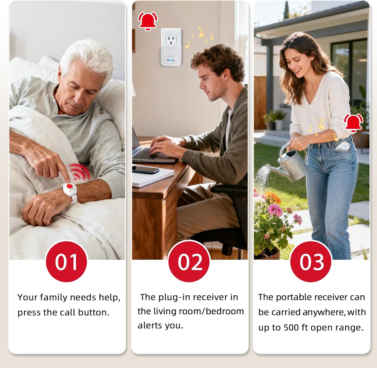 CallToU Wireless Caregiver Pager Call Button for Elderly - Nurse Alert System with 4 SOS Panic Button, 500+ Feet Range, 1 USB Receiver & 2 Plug-in Receiver for Home Care Seniors Monitoring