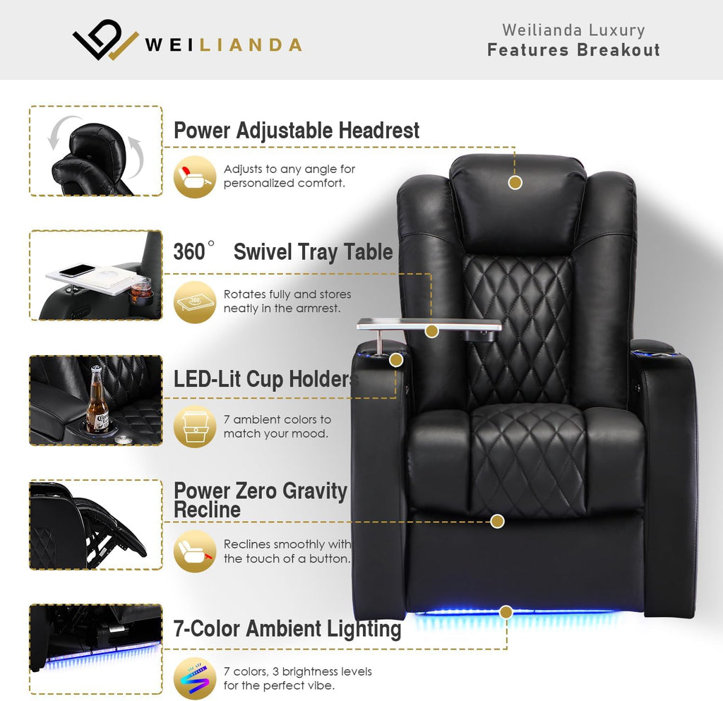 Weilianda Home Theater Seating Top Grain Leather Zero Gravity Recliner Chair Power Headrest Recline Movie Seat Gaming 7 Colors Mood Light Sofa with Tray Table USB Charge Row of 4 Loveseat Right Black