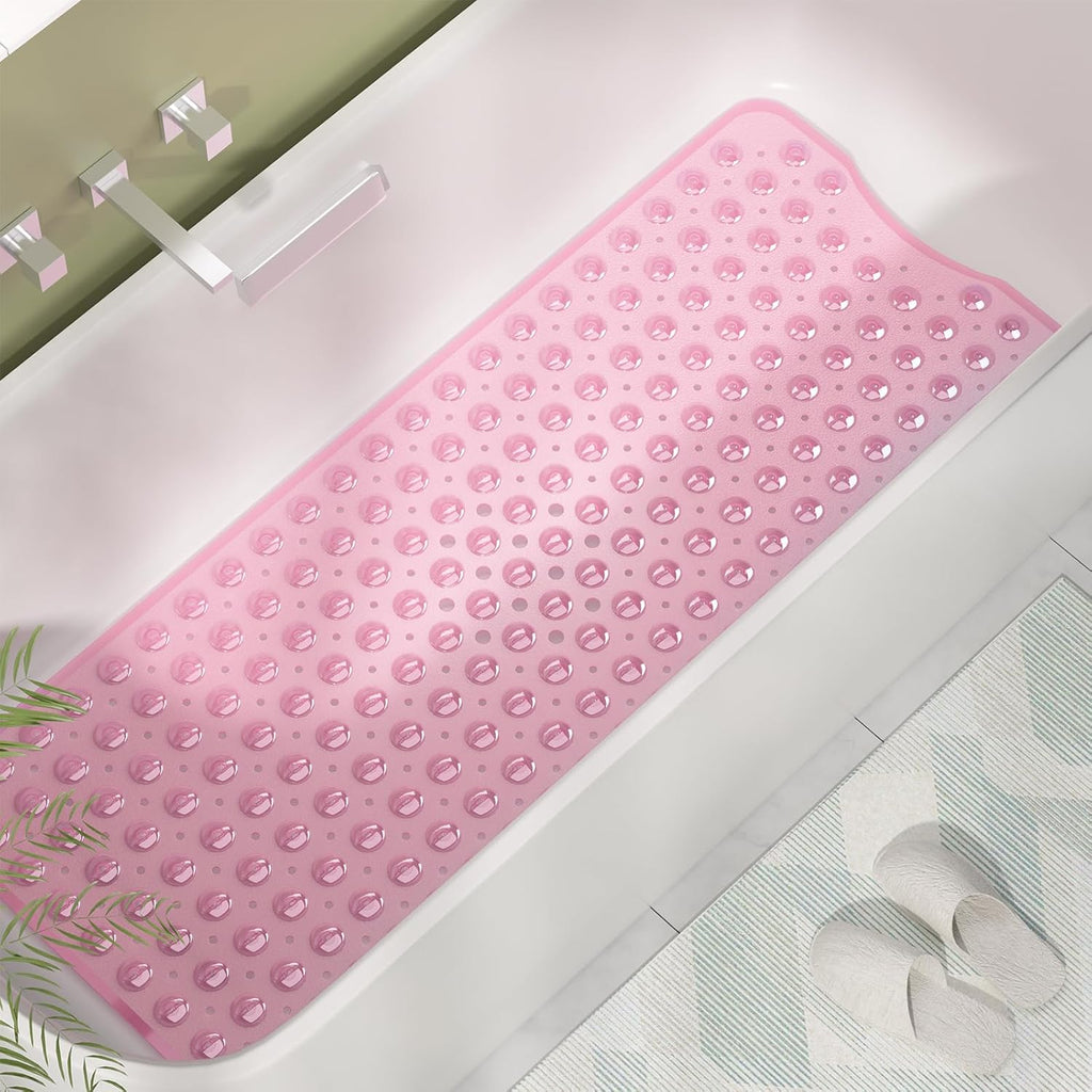 AmazerBath Shower Mat Non Slip 40 x 16 Inches, Shower Stall Mats with Suction Cups and Drain Holes, Non Slip Bath Mat for Tub for Elderly & Kids, Clear Pink