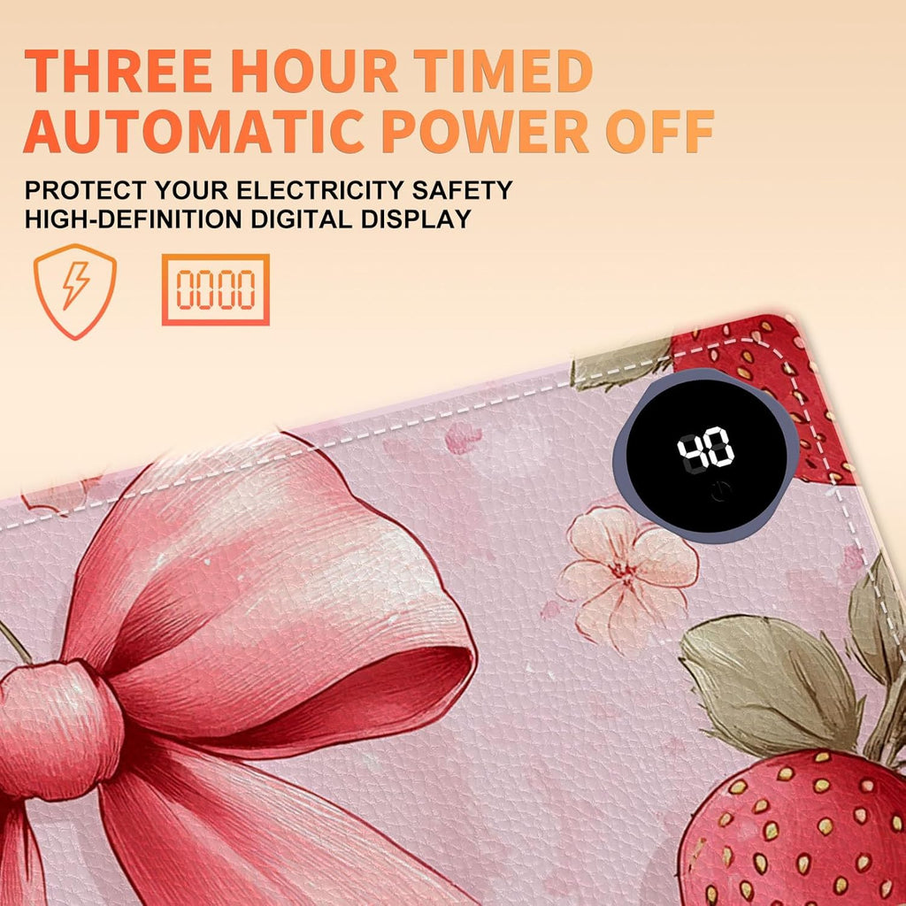 Heated Mouse Pad 31.5x13 in 3-Temp Fast Heating Desk Mat with Auto Timer Warmer for Hands Wrist Pain Relief Waterproof Keyboard Mat for Office, Gaming, Home, Pink Bow Floral