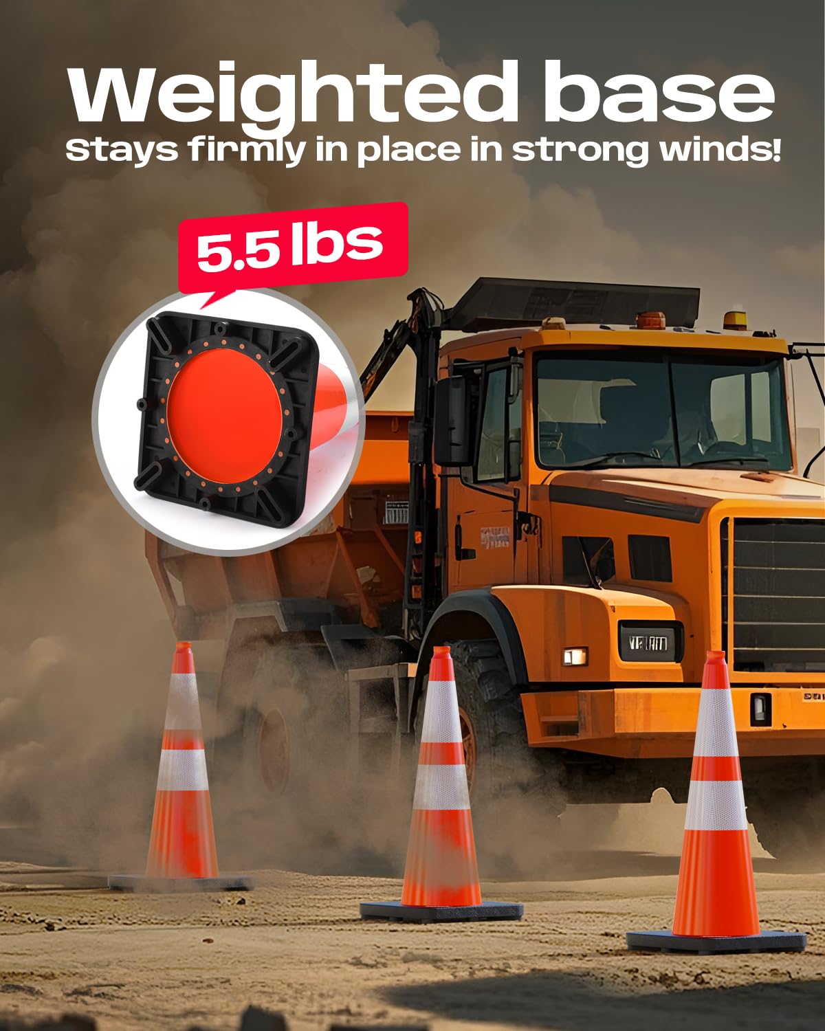 BATTIFE 28 Inch Traffic Cones with Black Weighted Base, PVC Orange Safety Cones for Traffic Control, Construction Events, Driveways, and Parking Lots (4 Pack)