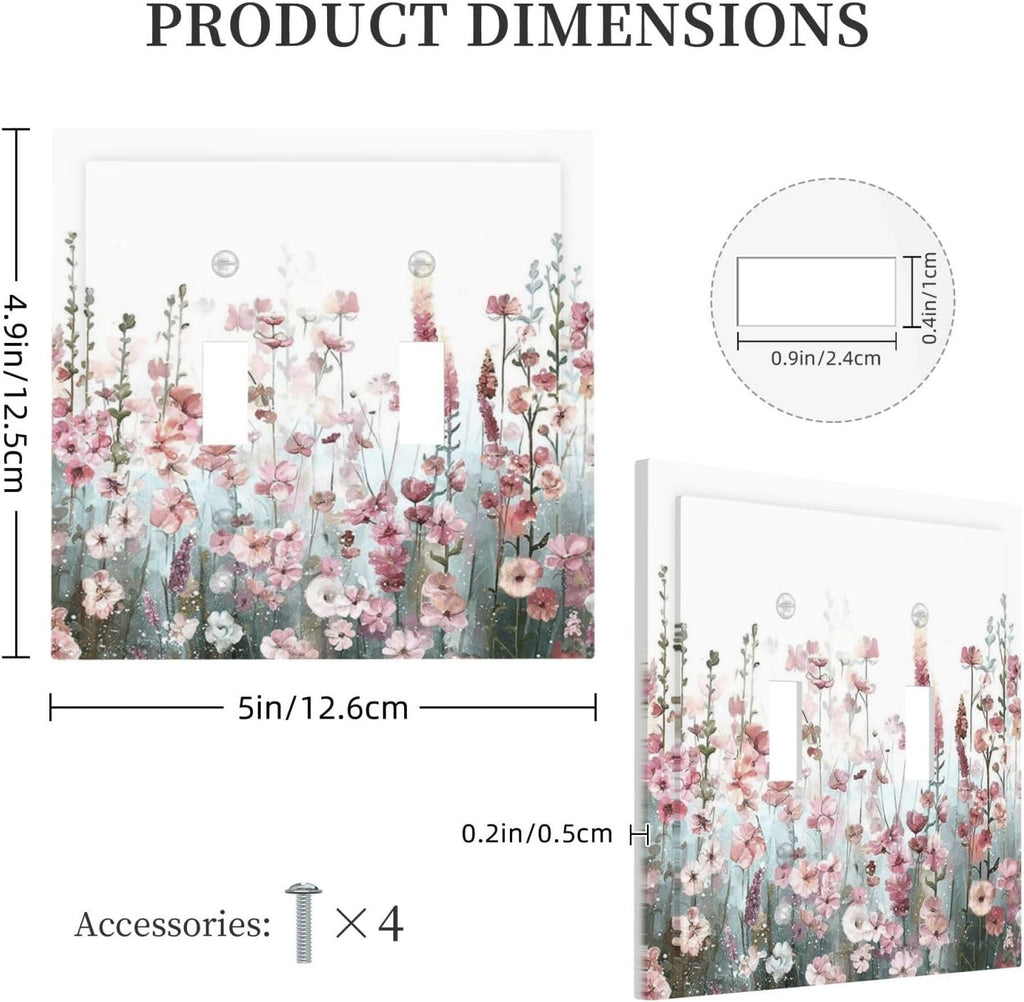 Colorful Flowers Pink Floral Watercolor Plant Decorative Switch Plates 2 Gang Double Toggle Outlet Light Switch Cover Wall Plate Electrical Faceplate for Bed Room Living Room Decor