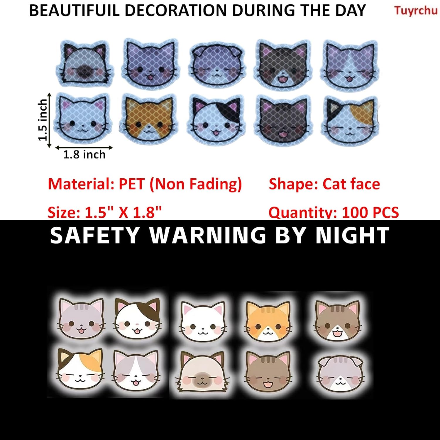 Reflective Stickers 100 Pcs, Outdoor Waterproof High Visibility Warning Safety Adhesive Reflector (1.5" X 1.8", Cat face)
