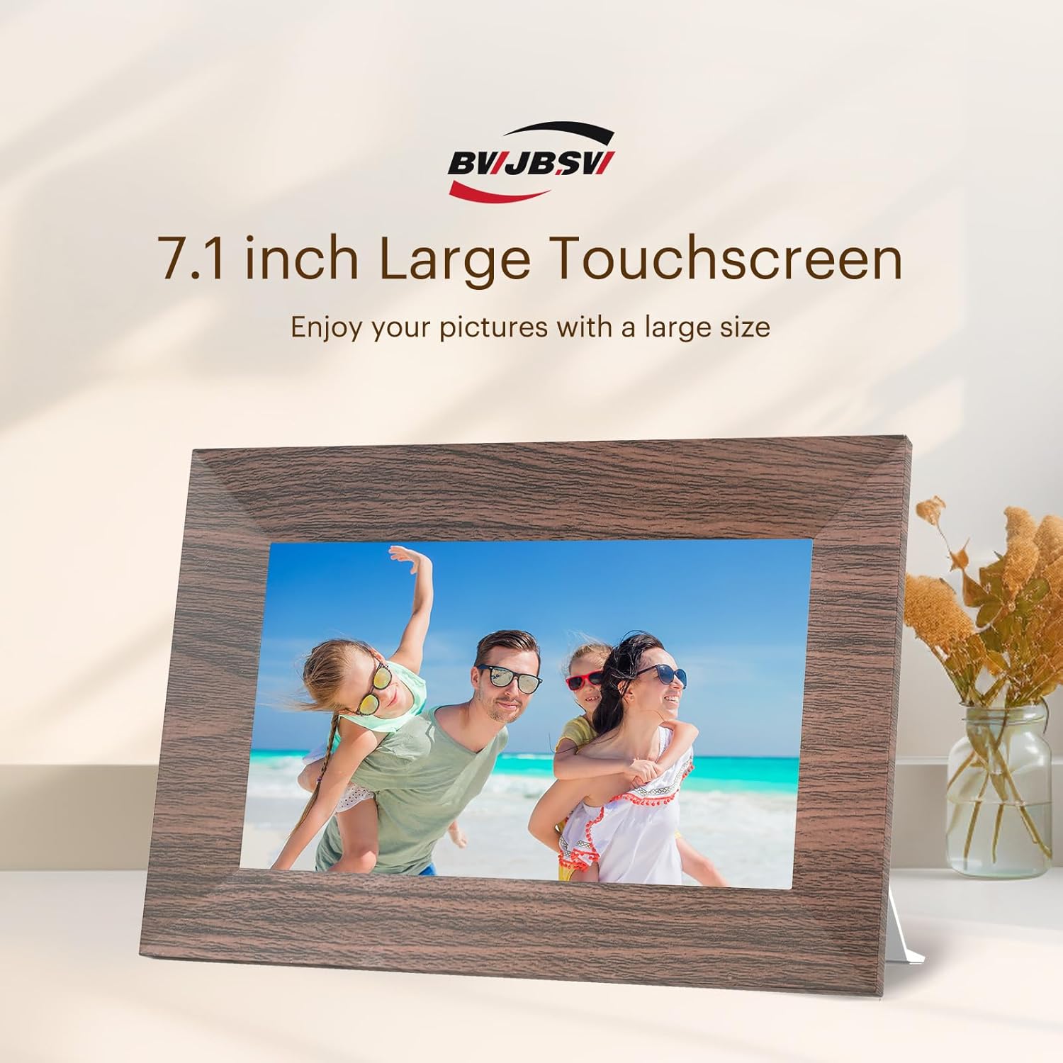 7” Digital Picture Frame with 32GB Storage, WiFi Digital Photo Frame 1024x600 HD IPS Touchscreen, Easy Setup for Photo & Video Sharing via Free App, Light Brown Wood Grain