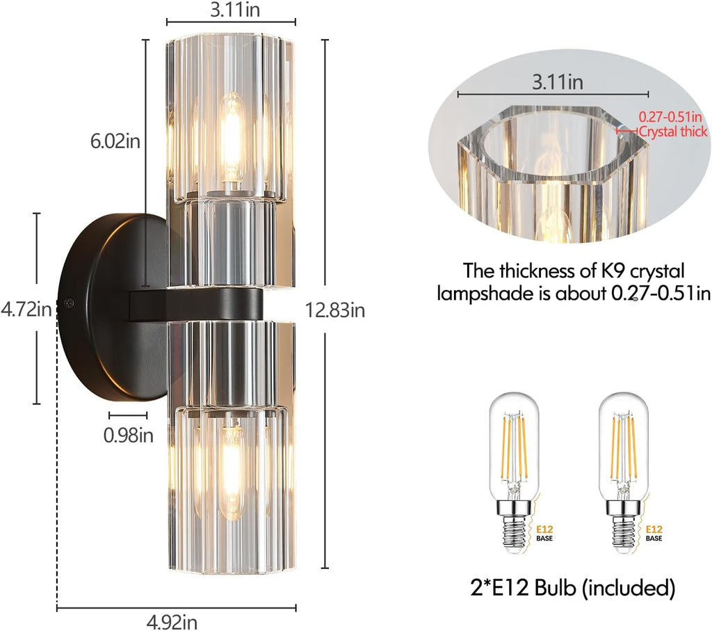 Modern Black Wall Sconces Set of Two Bedroom Crystal Wall Sconces Indoor Sconces Wall Lighting Living Room Sconces with K9 Crystal Lampshade for Bathroom Hallway Entryway Stairway