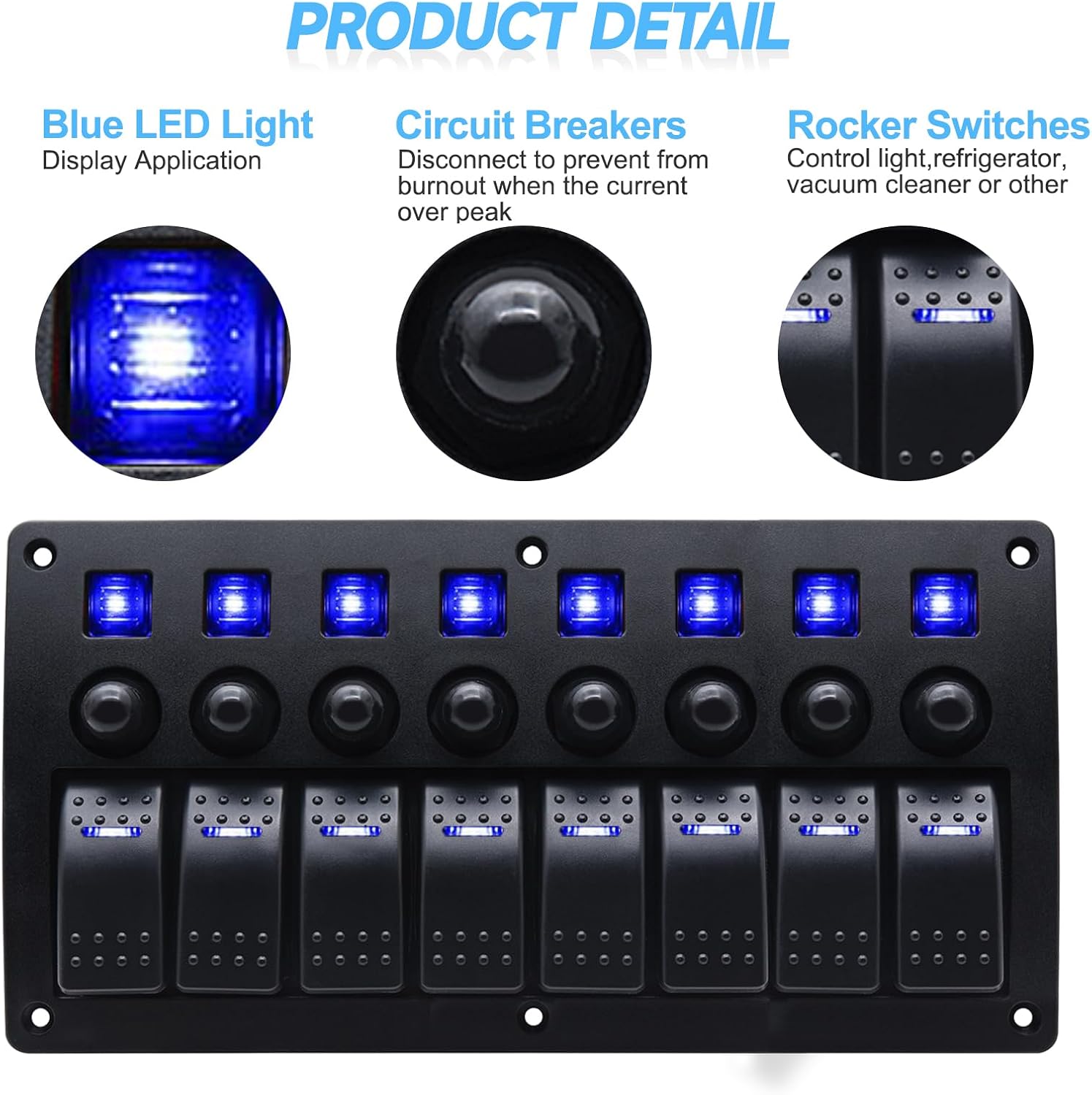 8 Gang Marine Switch Panel, Boat Rocker Switch Panel Waterproof, 12V Aluminum Switch Panel, Marine Toggle Switches ON/Off with Circuit Breaker 5A 10A 15A for Car RV Truck (Blue)