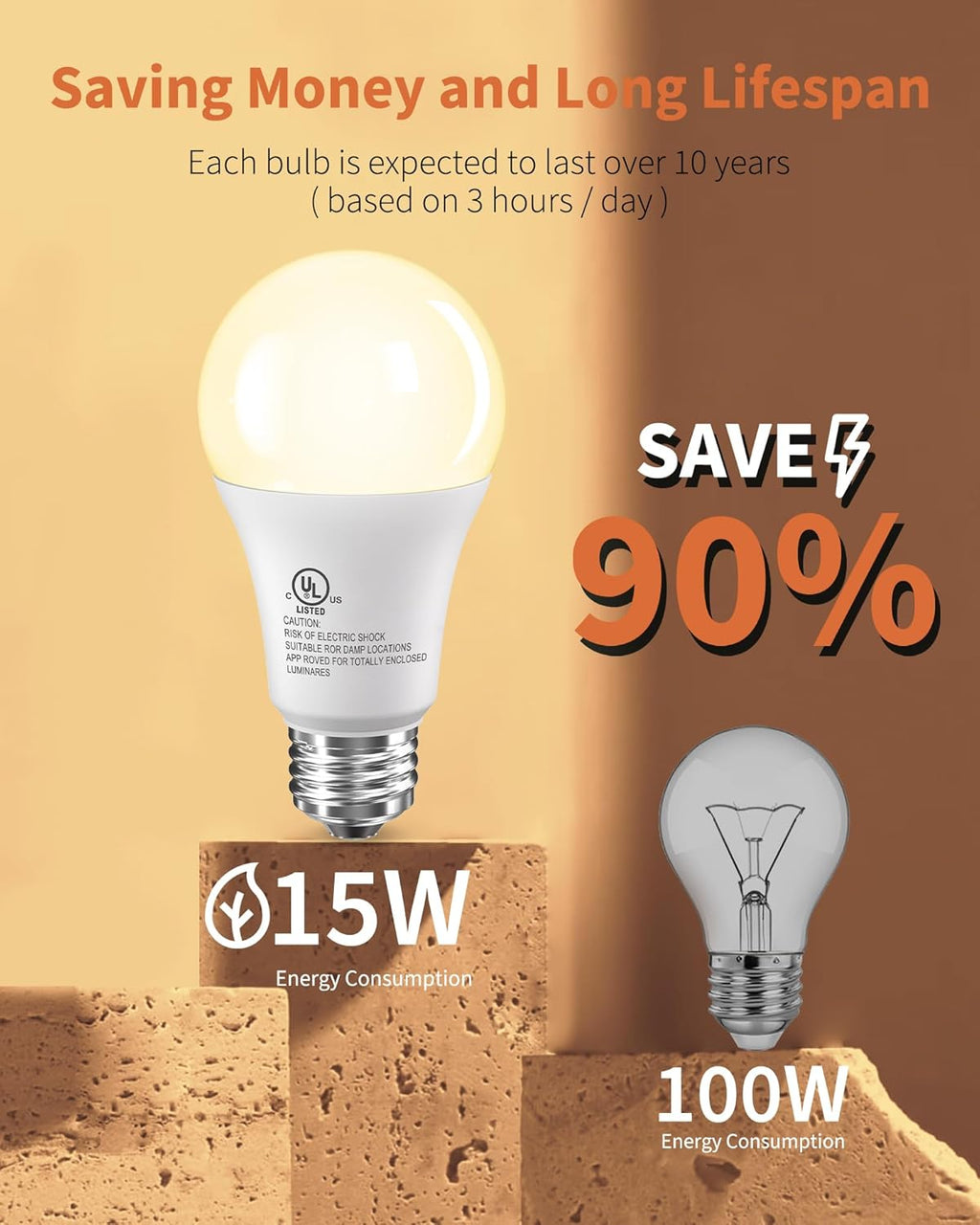 TJOY LED Light Bulbs, 100 Watt Equivalent A19 Lightbulbs, 15W Soft Warm White 2700K, Bright Energy Efficient LED Bulb, E26 Standard Base 1500 Lumens Non-Dimmable Lamp for Home Indoor House, 6 Pack