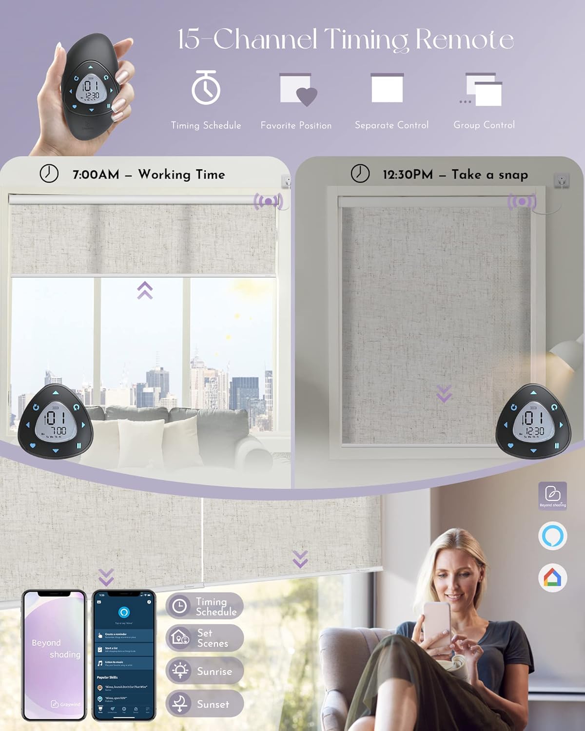 Graywind Motorized Light Filtering Shades Compatible with Alexa Google Hardwired WiFi Smart Half Shading Remote Control Automated Blinds Electric Window Shades, Custom Size (Linen Beige)