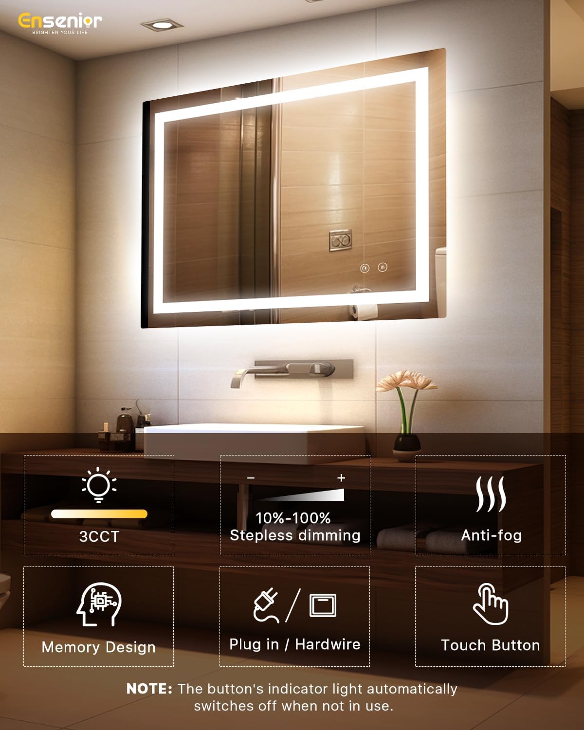 Ensenior LED Bathroom Mirror 40"x 32" with Front and Backlight, Stepless Dimmable Wall Mirrors with Anti-Fog, Shatter-Proof, Memory, 3 Colors, Modern LED Vanity Mirror-ETL & FCC