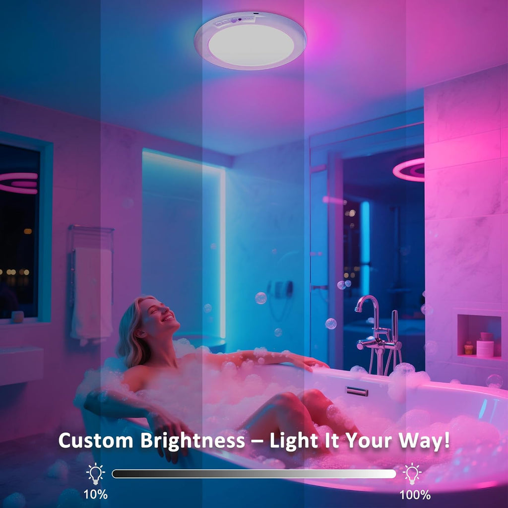 maylit Shower Lights 2 Pack, RGBW Rechargeable Ceiling Light, Waterproof Battery Operated Lamp, Wireless Stick on Inside Motion Sensor Mood LED Lighting for Bathroom No Wiring, Indoor