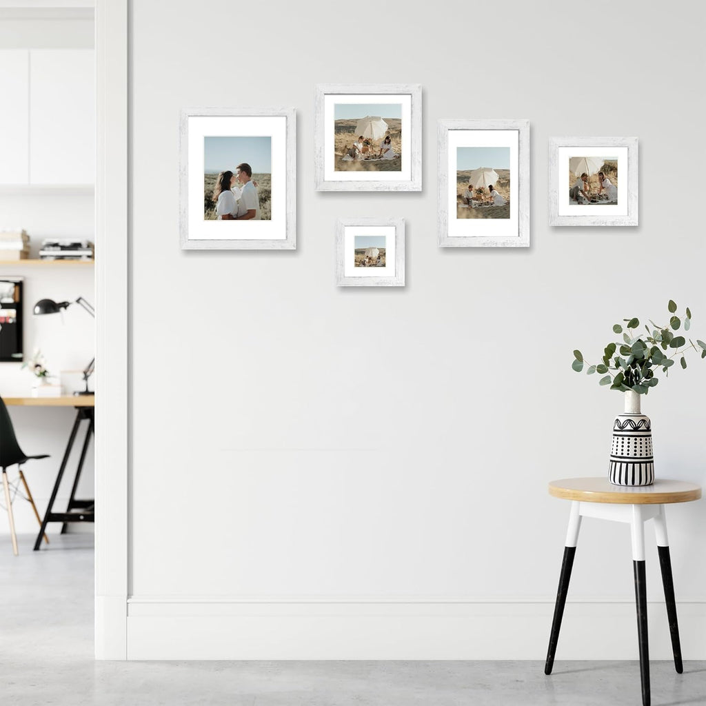 iRahmen 6x6 Picture Frame Set of 4 with High Definition Glass, Distressed White Frames Display 4x4 Picture with Mat or 6 x 6 Without Mat, Wood Square Photo Frame for Wall Mount and Tabletop Display
