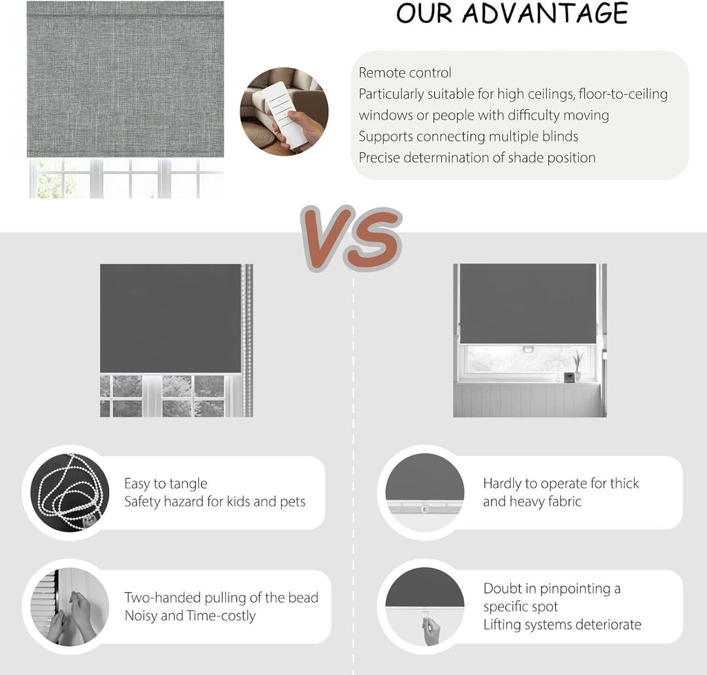 Motorized Roller Blinds with Remote, 100% Blackout Automatic Roller Shades for Bedroom, Bathroom, and Living Room, Customized Size, Nightfall Gray